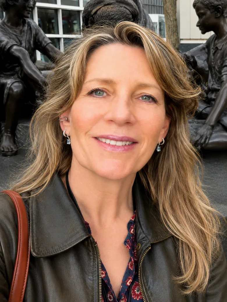 Gina Riley smiling to camera, bronze statues in the background.
