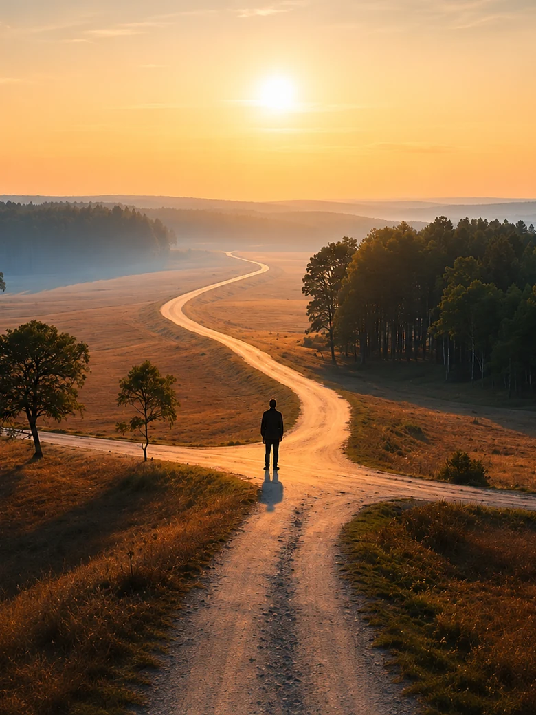 A figure stands alone at a fork in a path through open countryside, facing a sunrise.